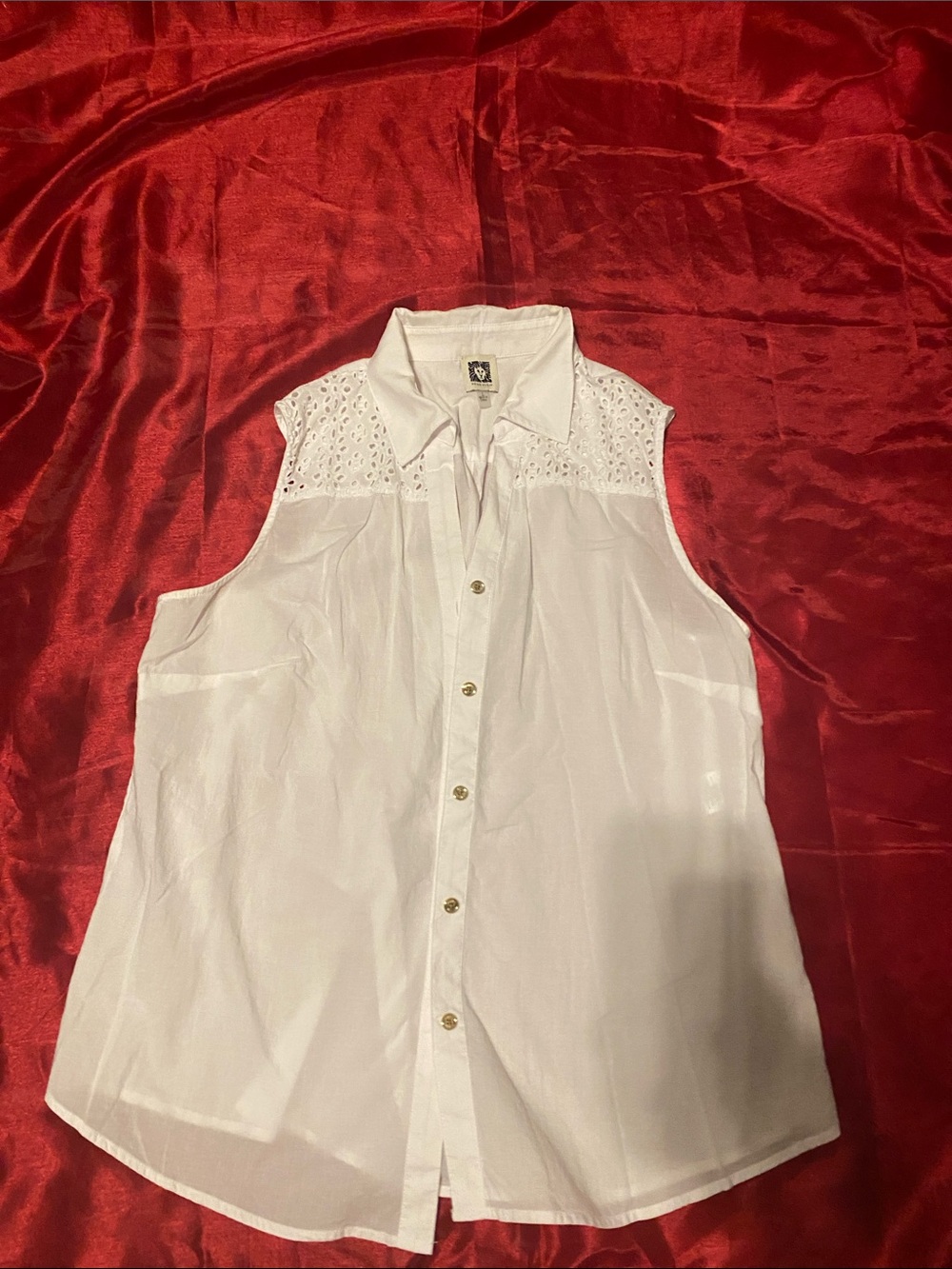 Sundance White Sleeveless Eyelet Yoke Button-Down Top